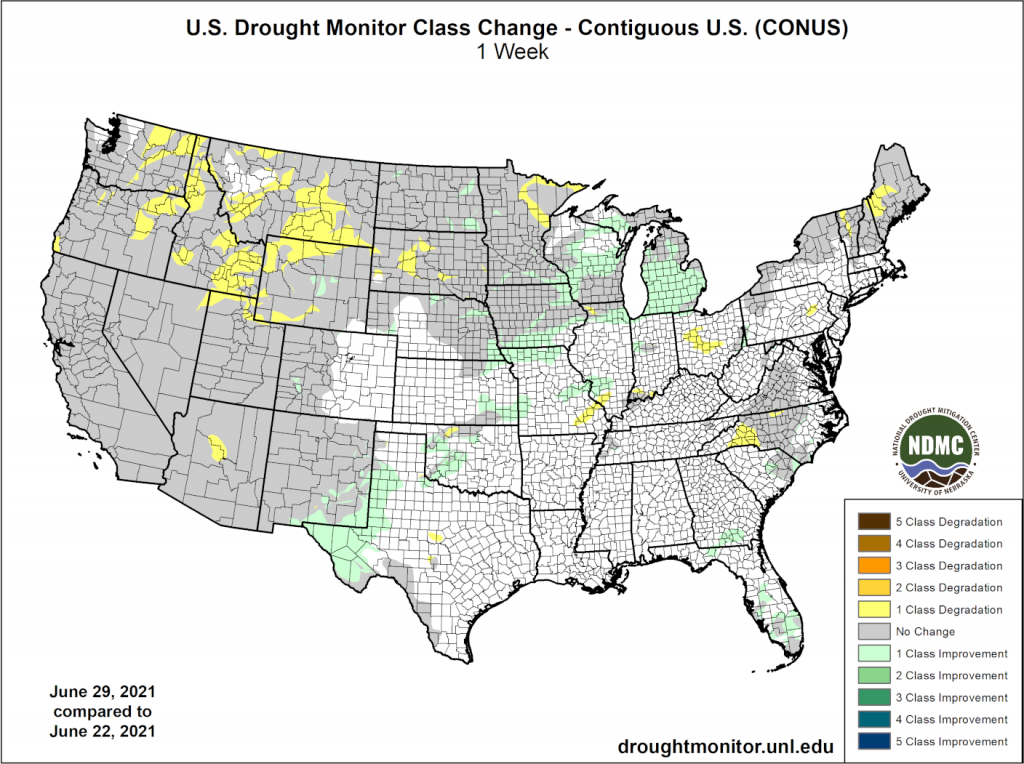 Drought change over the last week in the contiguous USA